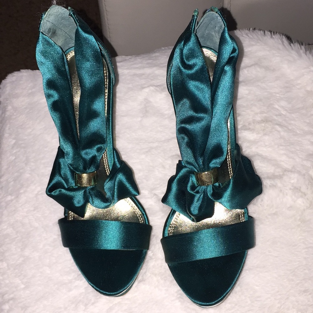 Satin teal and gold heels worn in the house once